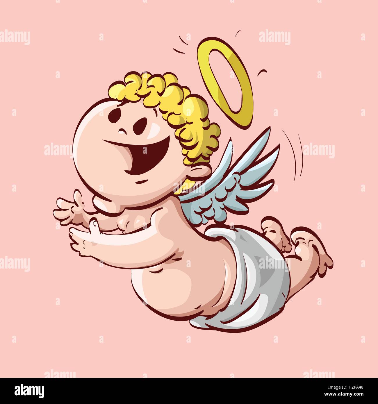 Colorful vector illustration of a baby angel flying with hands forward and wearing diaper. Stock Vector