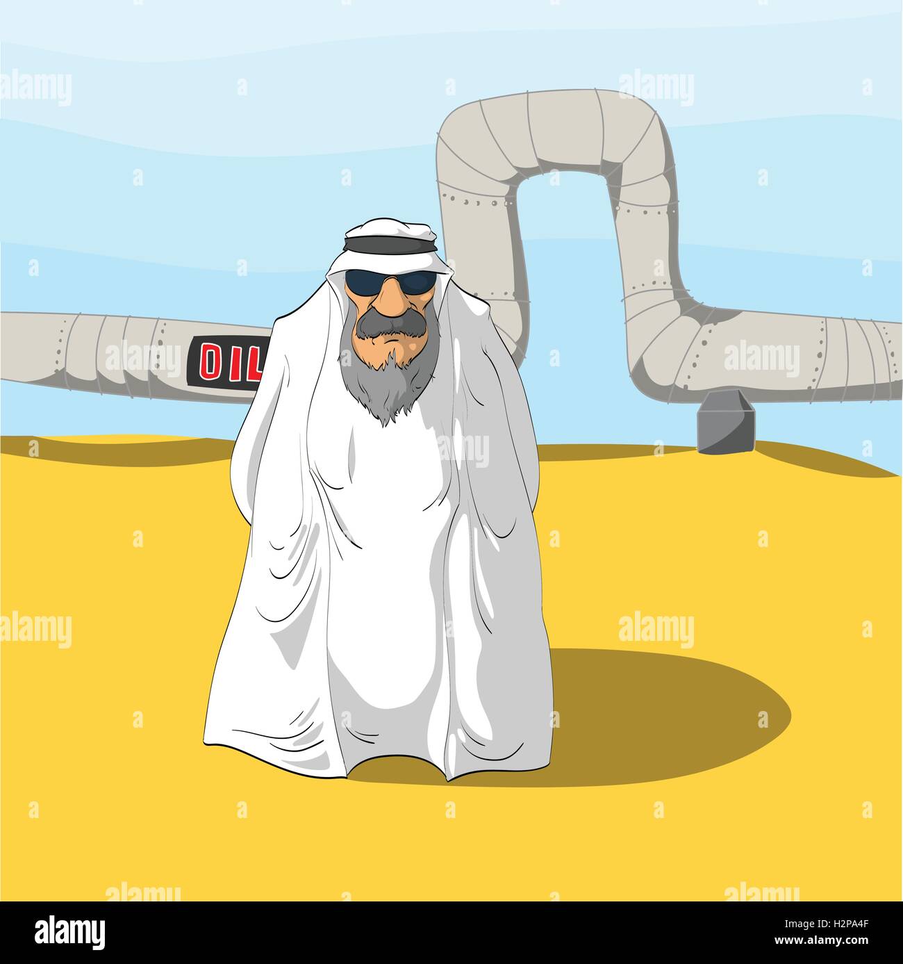 Cartoon illustration of an Arab Sheikh and an Oil Pipeline behind him, in the desert. Stock Vector