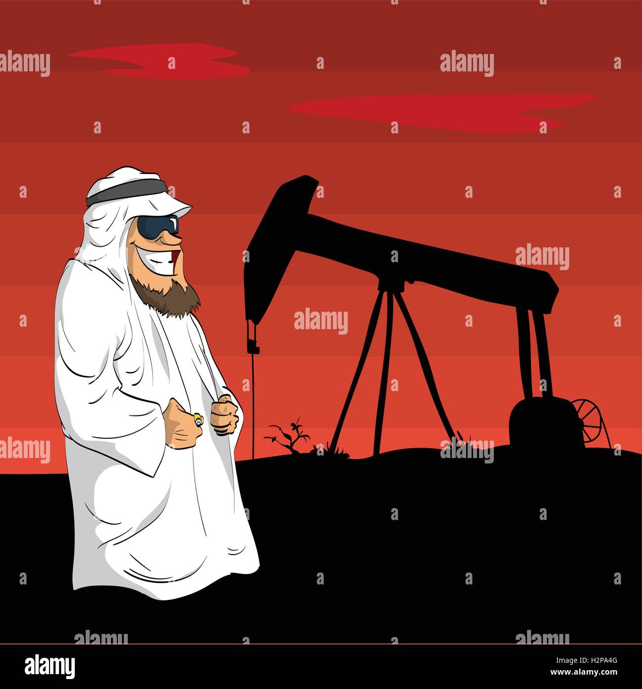 Cartoon illustration of a cartoon Arab Sheikh with an oil pump behind him during the desert sunset. Stock Vector