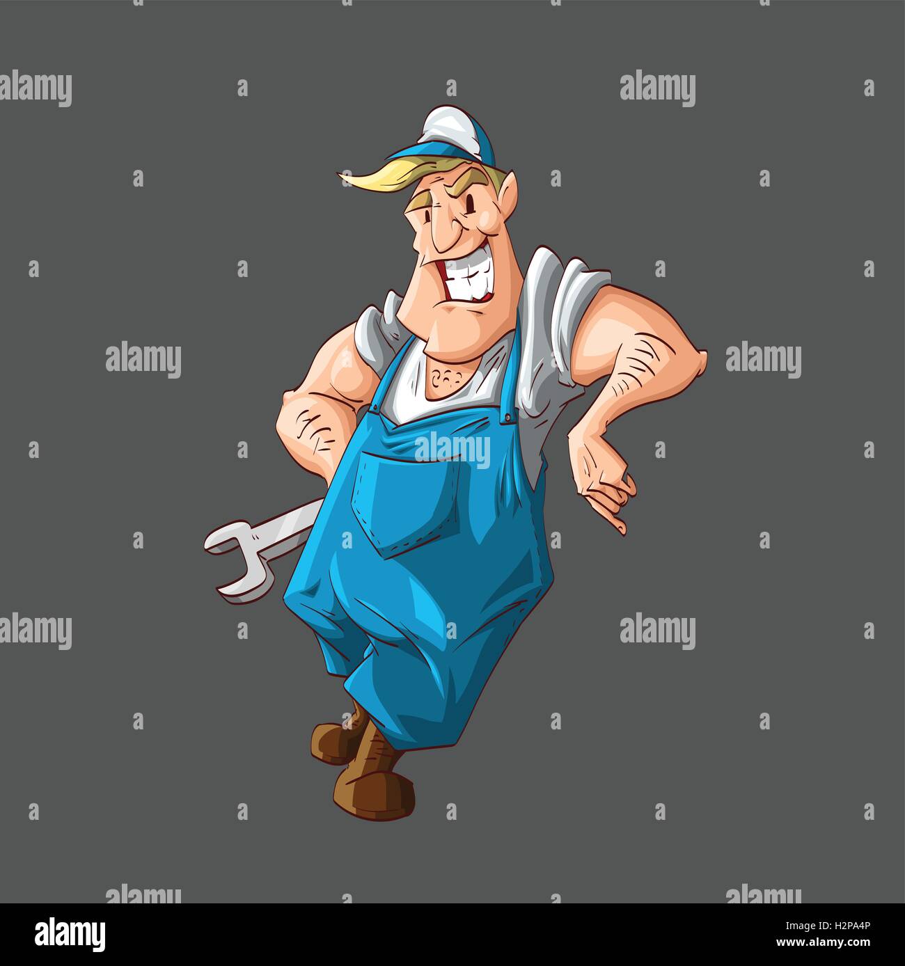 Colorful vector illustration of a cartoon plumber or a mechanic, wearing blue union suit, white shirt and a hat, holding a wren Stock Vector