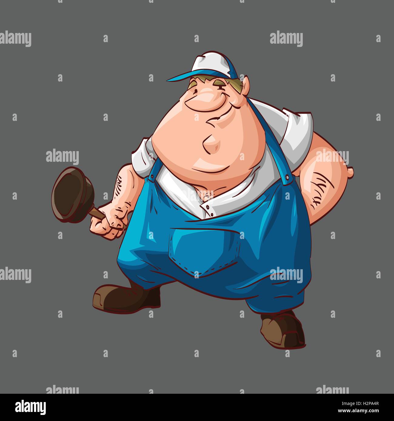 Colorful vector illustration of a cartoon fat plumber, with blue working clothes, hat and holding a plunger. Stock Vector