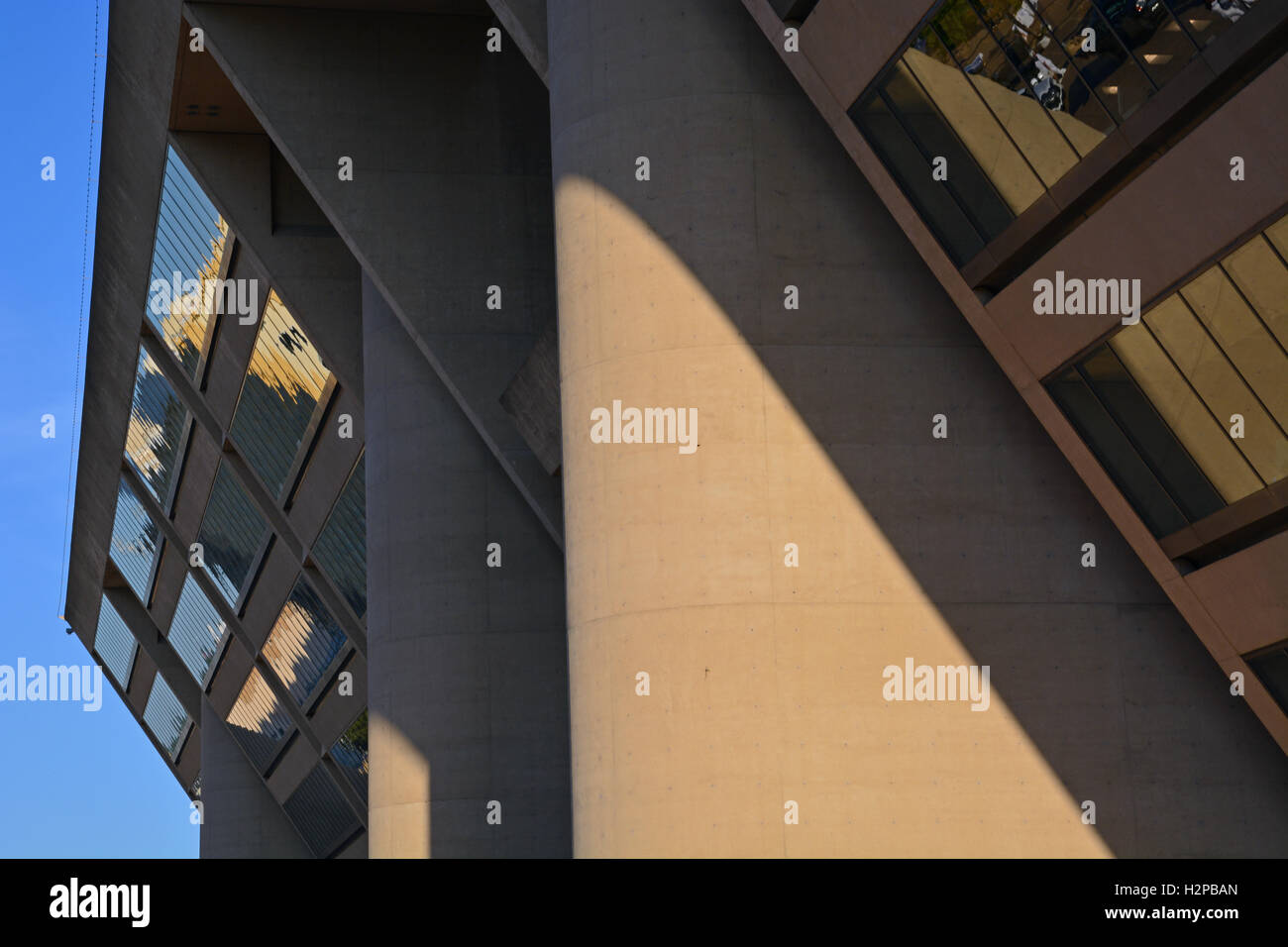 The modern buff concrete City Hall building in downtown Dallas, Texas
