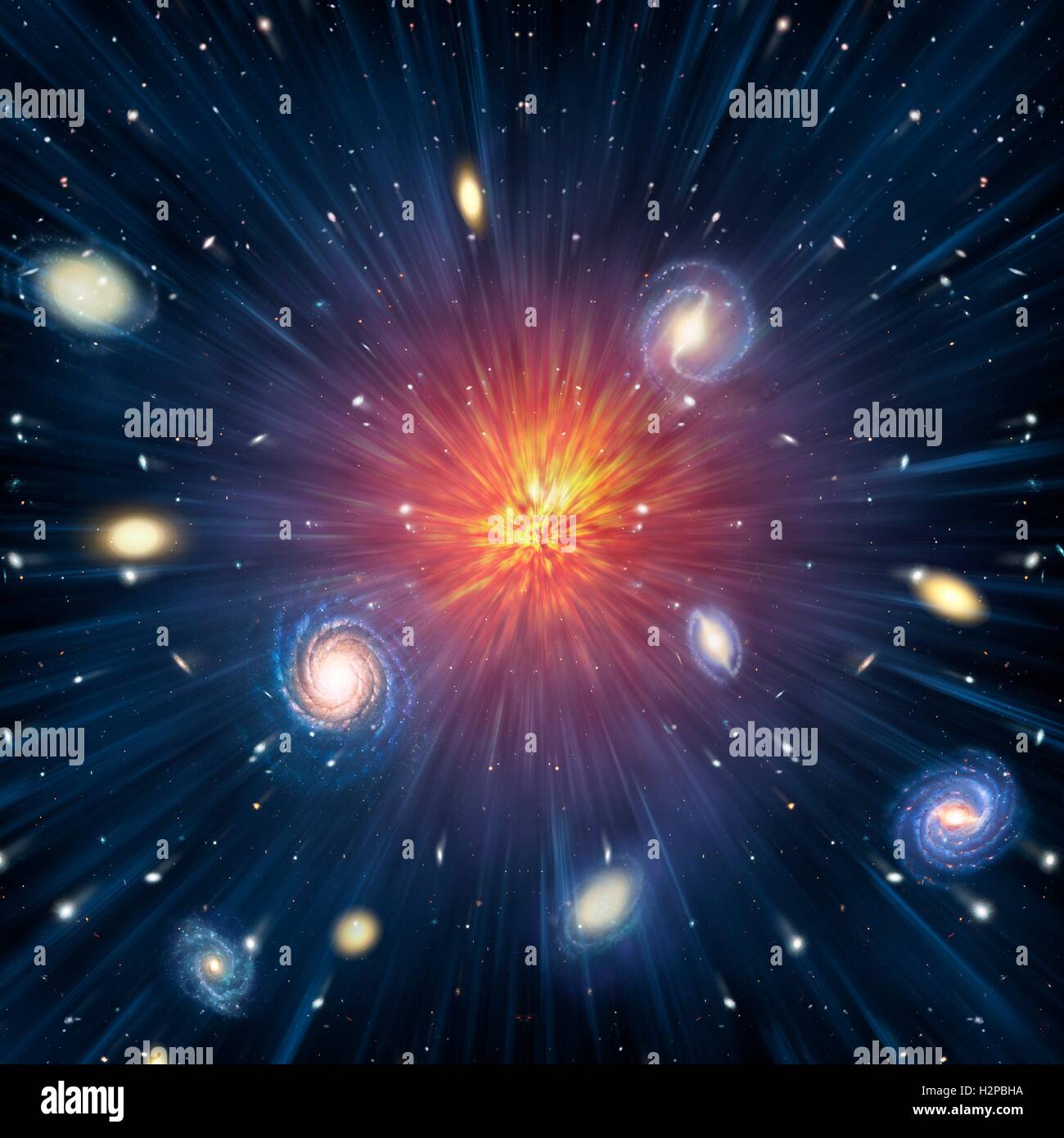 Big Bang, conceptual image. Computer illustration representing the origin of the universe. The term Big Bang describes the initial expansion of all the matter in the universe from an infinitely compact state 13.7 billion years ago. The initial conditions Stock Photo