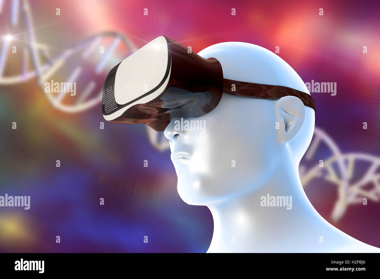 Human head wearing a virtual reality headset. Conceptual image showing perspective of virtual reality in biomedical education and science. A DNA (deoxyribonucleic acid) molecule is in the background. Stock Photo