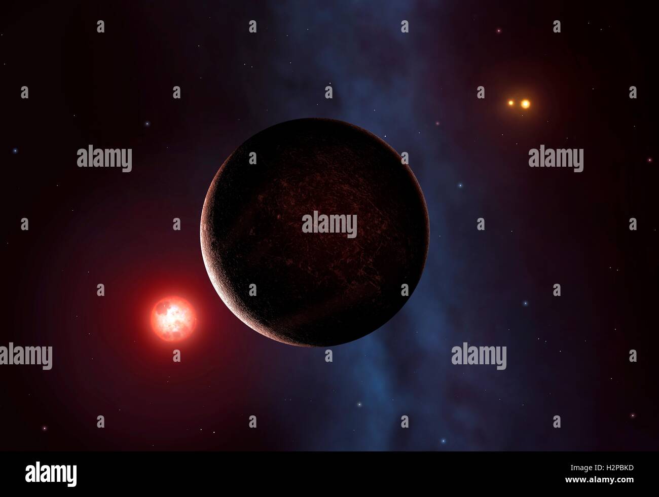 Proxima is the nearest star to the Sun. It is a dim red dwarf, smaller than our Sun and many thousands of times fainter. Here we see it seen with an orbiting rocky planet, recently discovered. To the right you can also make out Alpha Centauri, which is a binary star with two Sun-like components. The Alpha Centauri pair orbit each other quite closely, while Proxima orbits this pair much further out, forming a triple star system Stock Photo