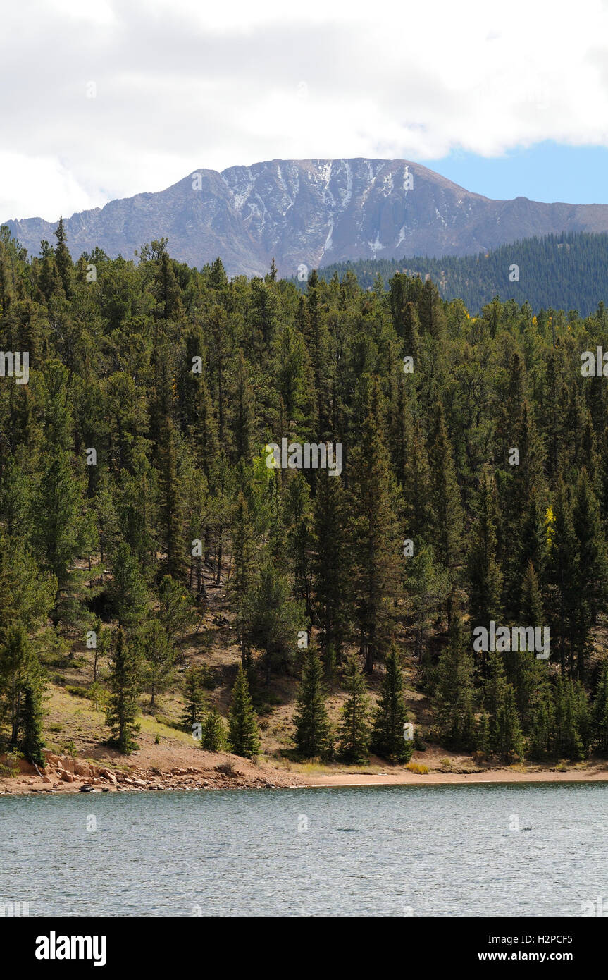 Pikes Peak photographed in autumn from the South Catamount Reservoir in Colorado, USA Stock Photo