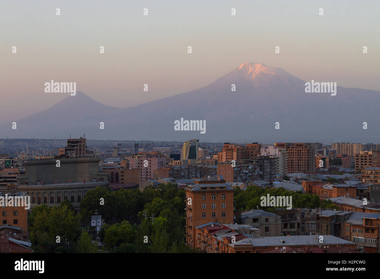 View over the two peaks of the Mt Ararat at the sunrise in Yerevan, Armenia. Stock Photo