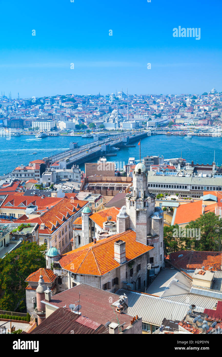 Istanbul, Turkey. Summer cityscape with bridge over Golden Horn a major urban waterway and the primary inlet of the Bosphorus Stock Photo