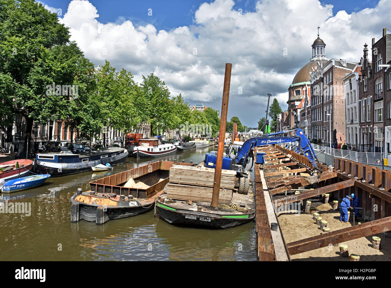 Repair Construction Dike Wall Street Canal on the Singel Amsterdam The Netherlands Stock Photo