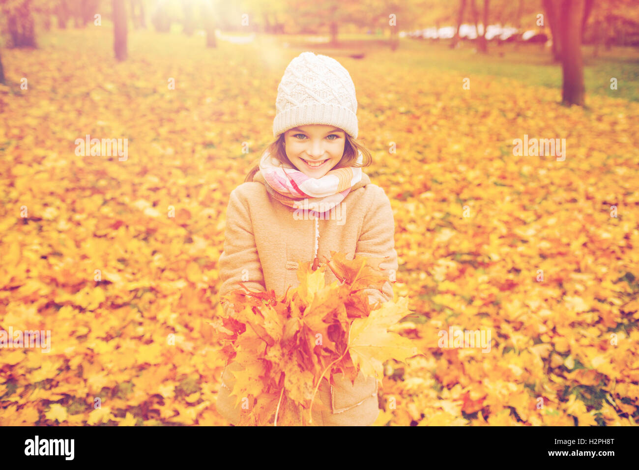 smiling little girl with autumn leaves in park Stock Photo - Alamy
