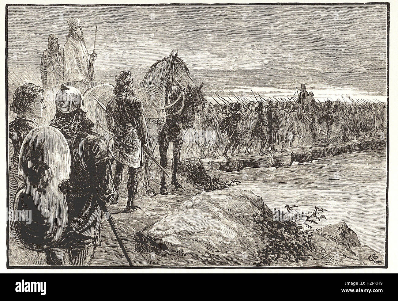 XERXES CROSSING THE HELLESPONT - from 'Cassell's Illustrated Universal History' - 1882 Stock Photo