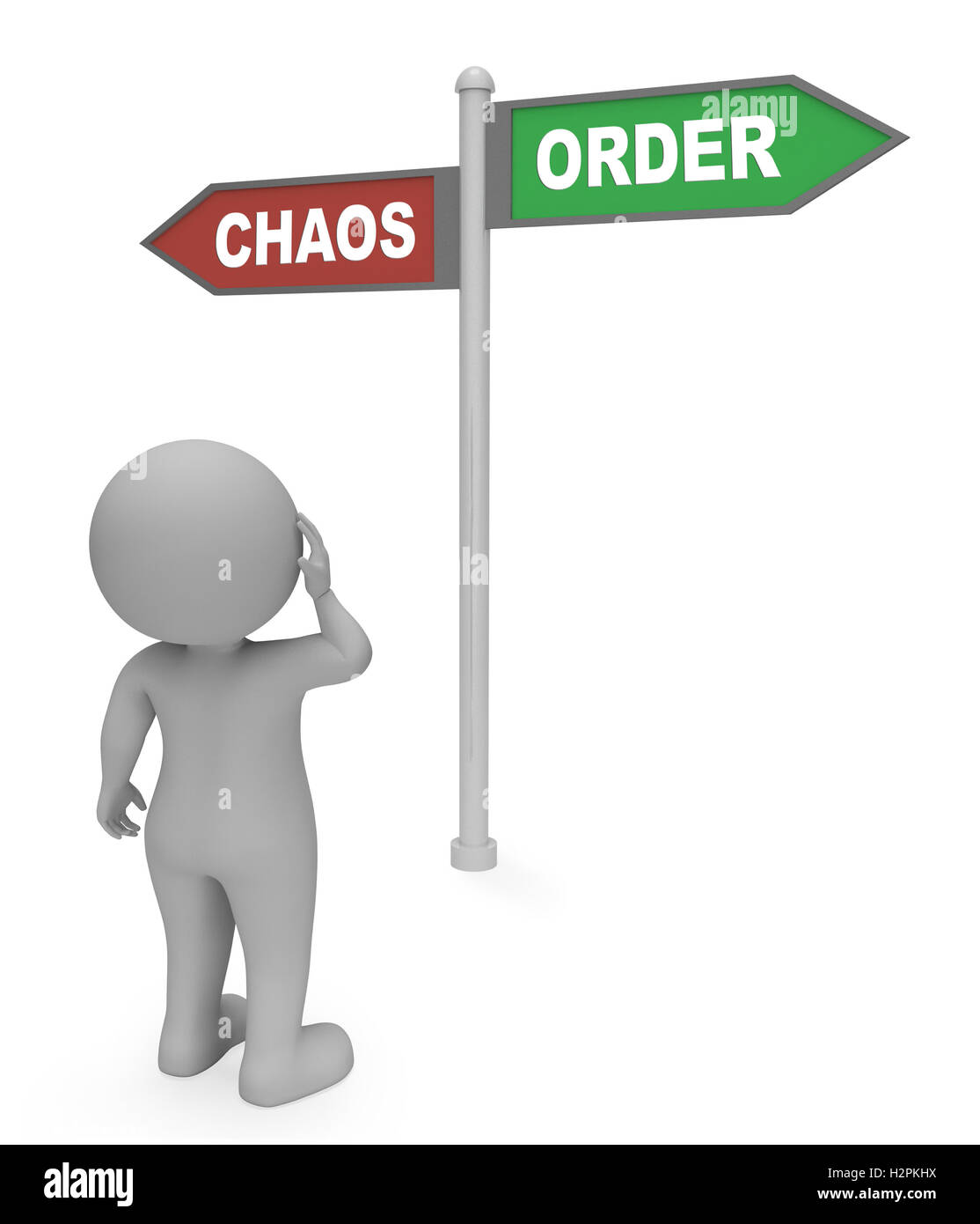 Character Looking At Chaos Order Signpost Shows Confusion And Mayhem 3d Rendering Stock Photo