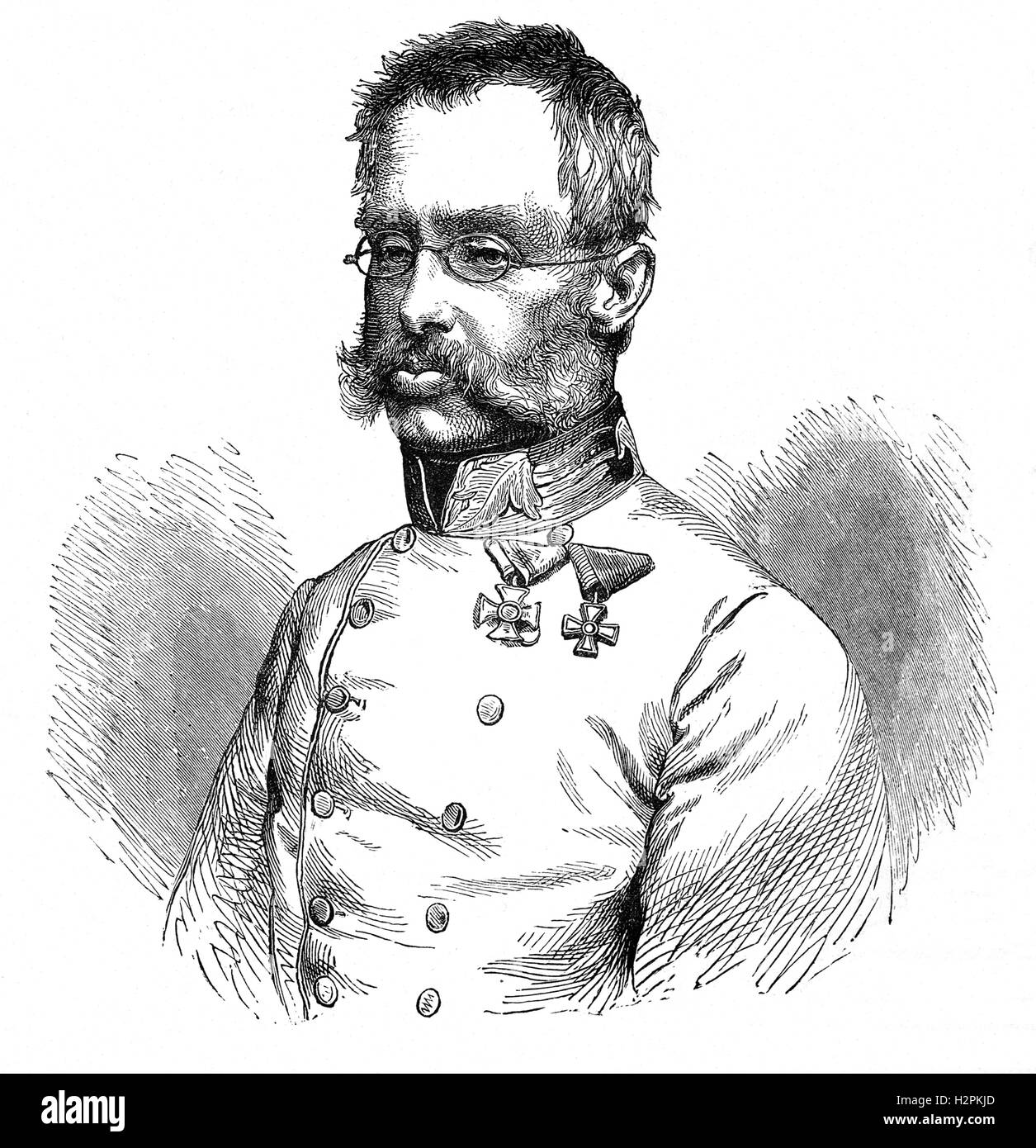 Archduke Albrecht Friedrich Rudolf Dominik of Austria,(1817 – 1895) was an Austrian Habsburg general.  At the outbreak of the Seven Weeks' War in June 1866, Albrecht was named commander of the southern army facing the Italian forces of King Victor Emmanuel II. Albrecht was decisively victorious in the battle of Custoza (24 June 1866), but failed to exploit his victory when he neglected to pursue the beaten Italian Army of the Mincio. Stock Photo