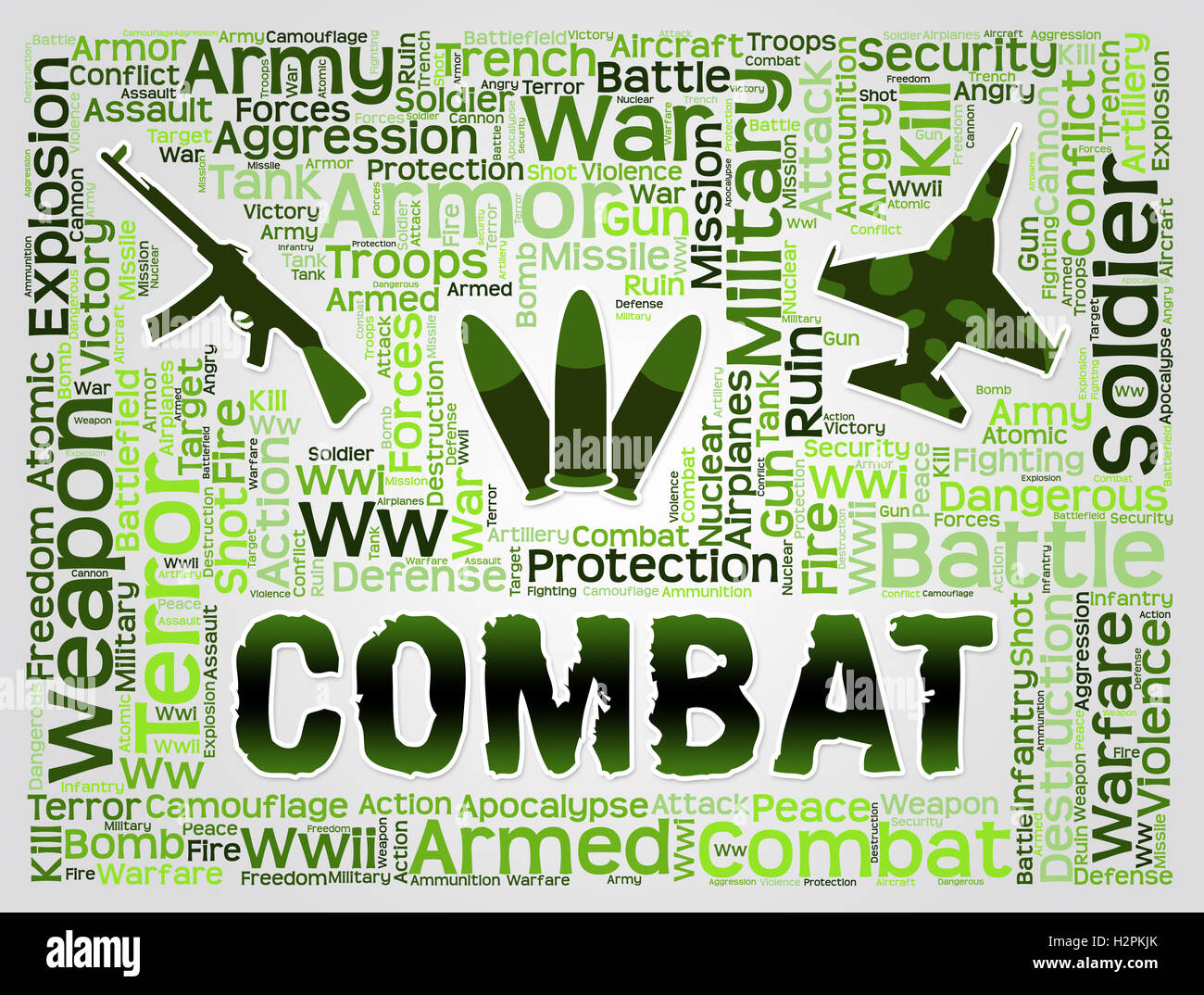 Combat Words With Military Equipment Represents Battles Hostility And Conflicts Stock Photo Alamy