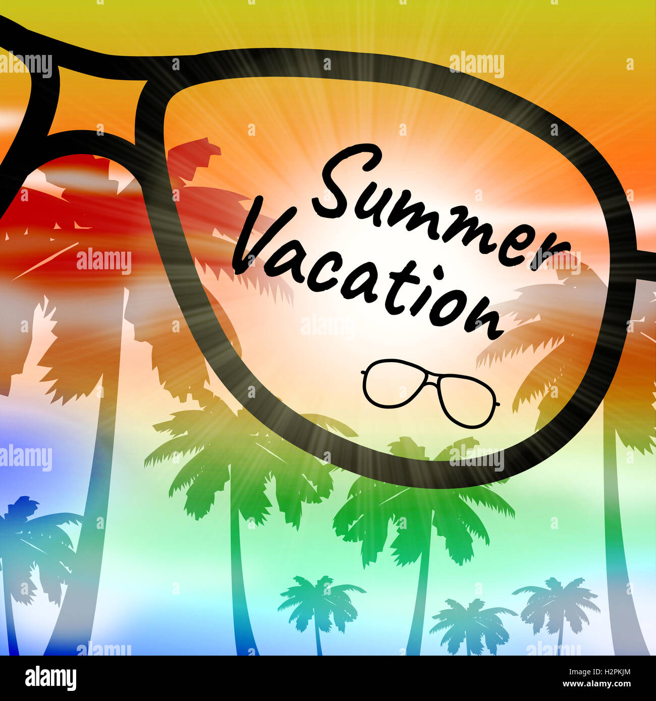 Summer Vacation Word On Glasses Shows Time Off And Getaway Stock Photo