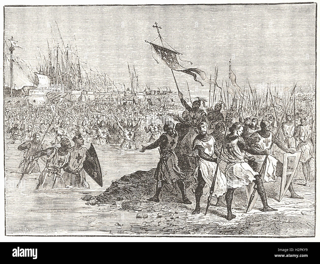 LOUIS IX. LANDING IN EGYPT. - from 'Cassell's Illustrated Universal History' - 1882 Stock Photo
