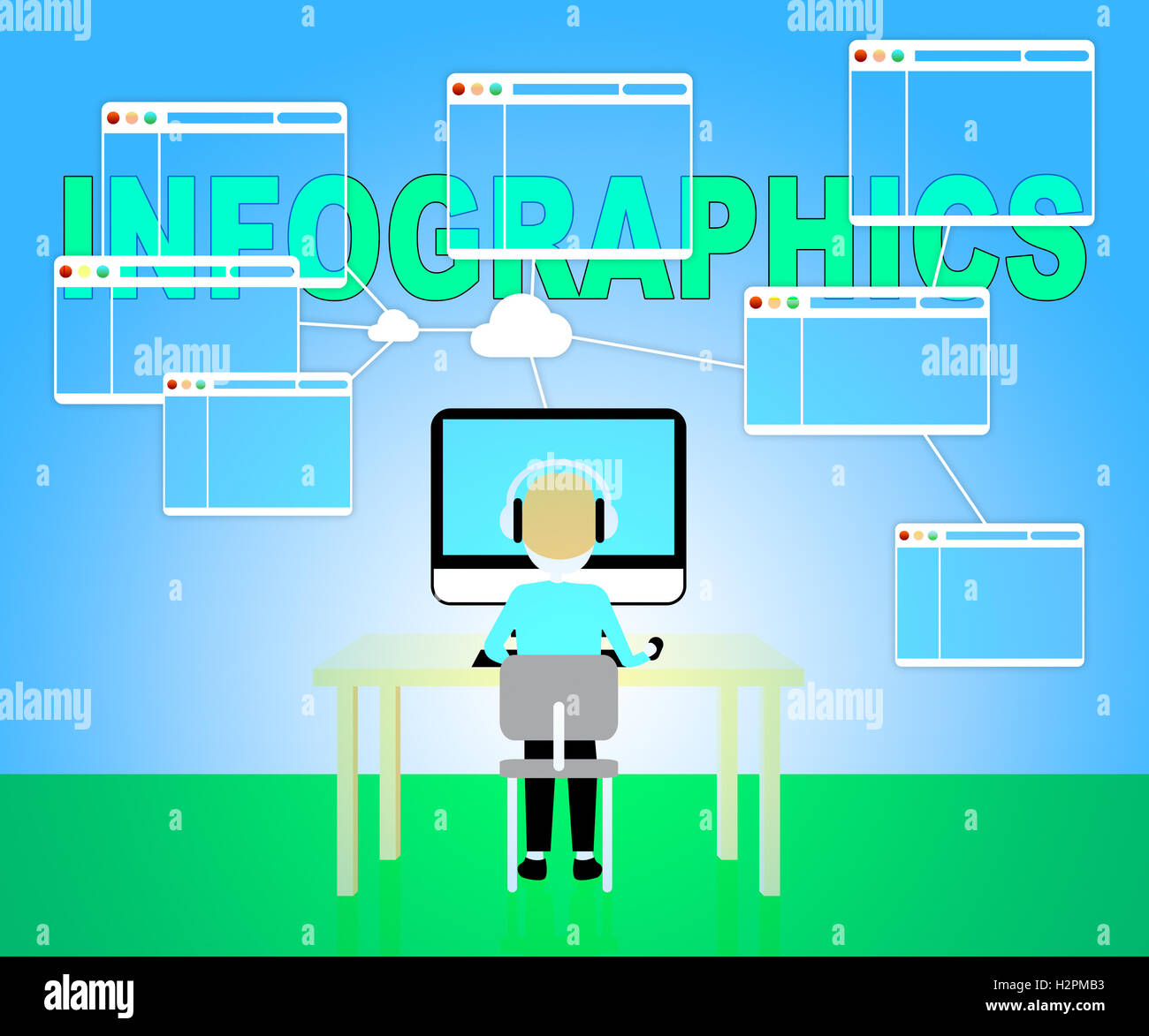 Man Typing Computer Infographics Indicates Visual Illustration And ...