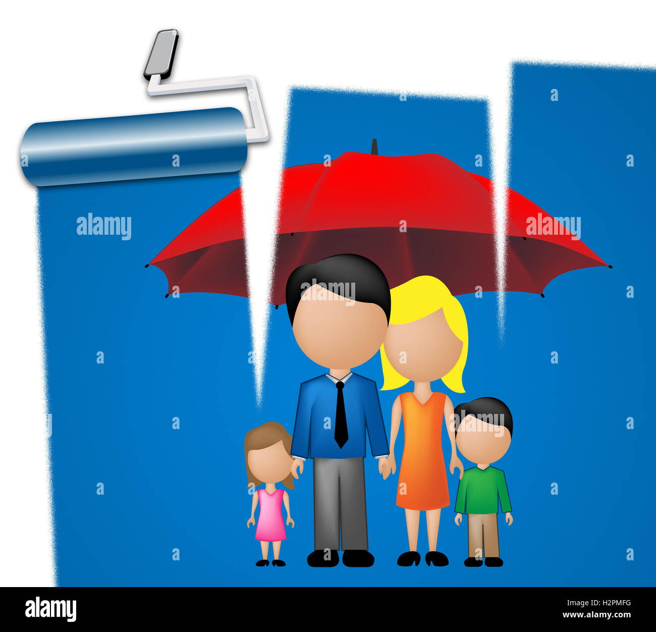 Family Under Umbrella Means Children Offspring And Siblings Stock Photo