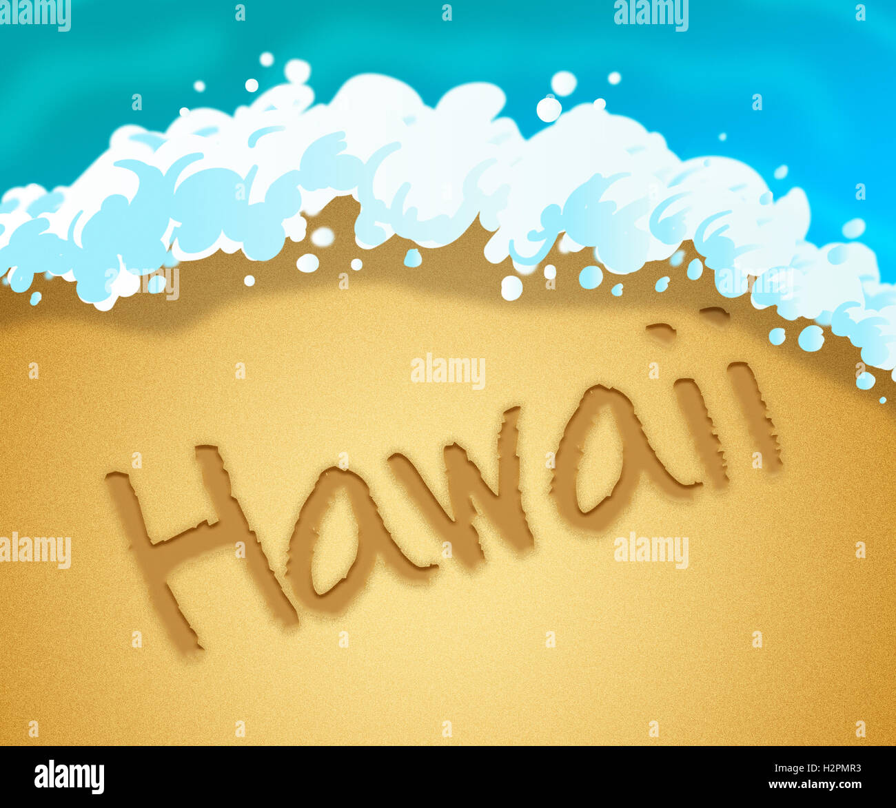 Hawaii Word In The Sand Represents Hawaiian Vacation And Getaway Stock