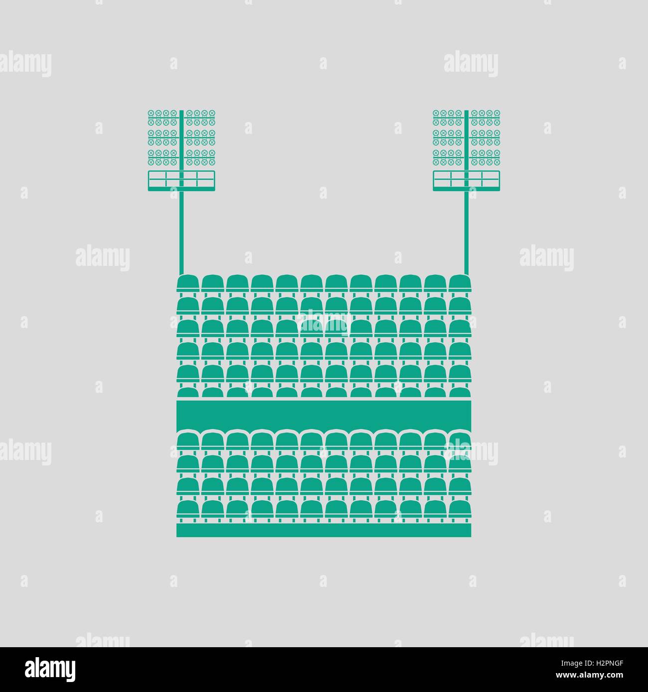 Stadium tribune with seats and light mast icon. Gray background with green. Vector illustration. Stock Vector