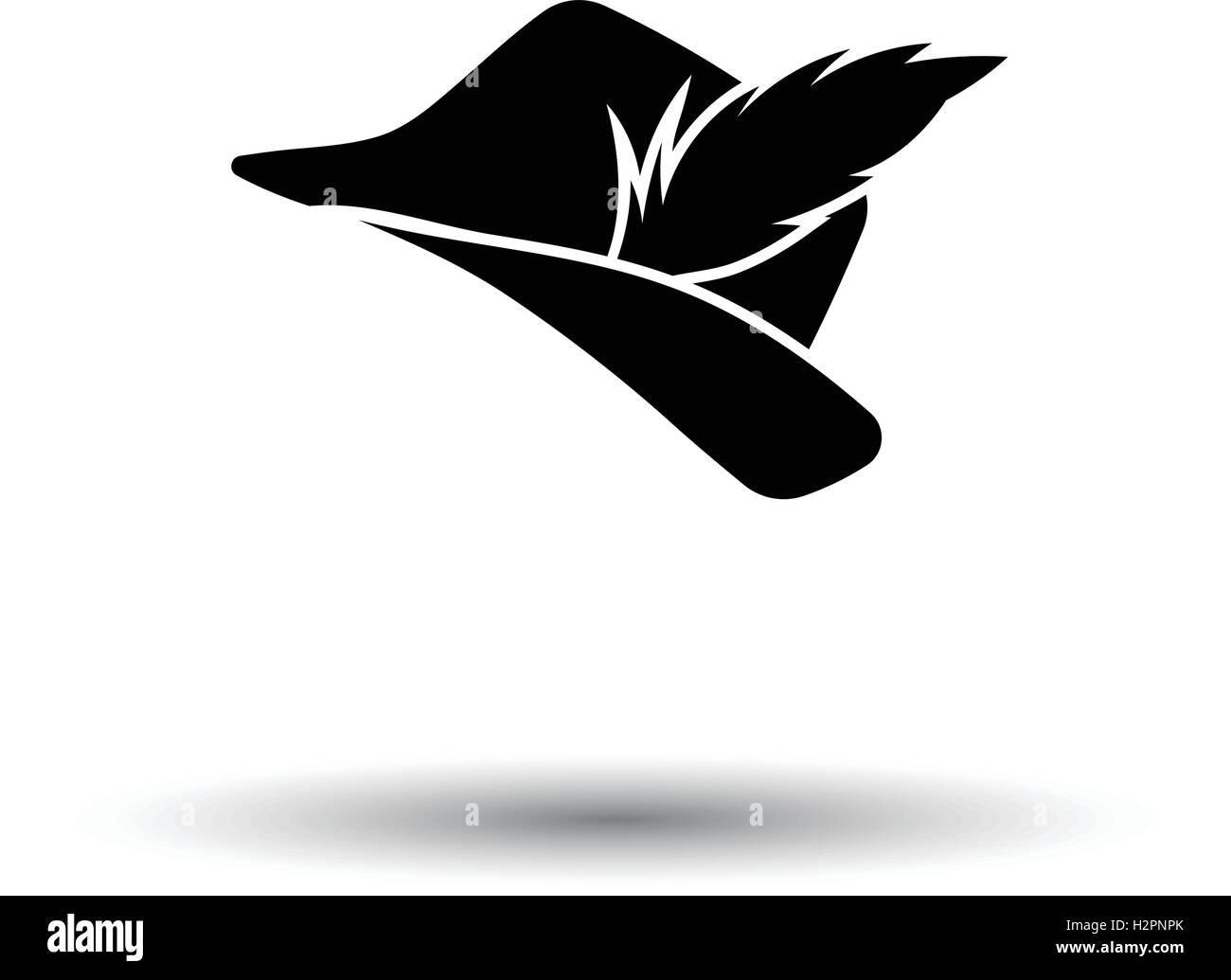 Hunter hat with feather icon. White background with shadow design