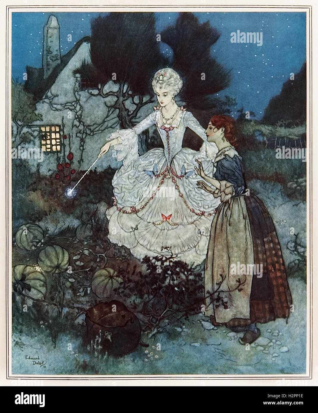 ‘And her godmother pointed to the finest of all with her wand.’ Illustration from ‘Cinderella’ by Edmund Dulac (1882-1953). The fairy godmother transforms a pumpkin into a carriage. See description for more information. Stock Photo