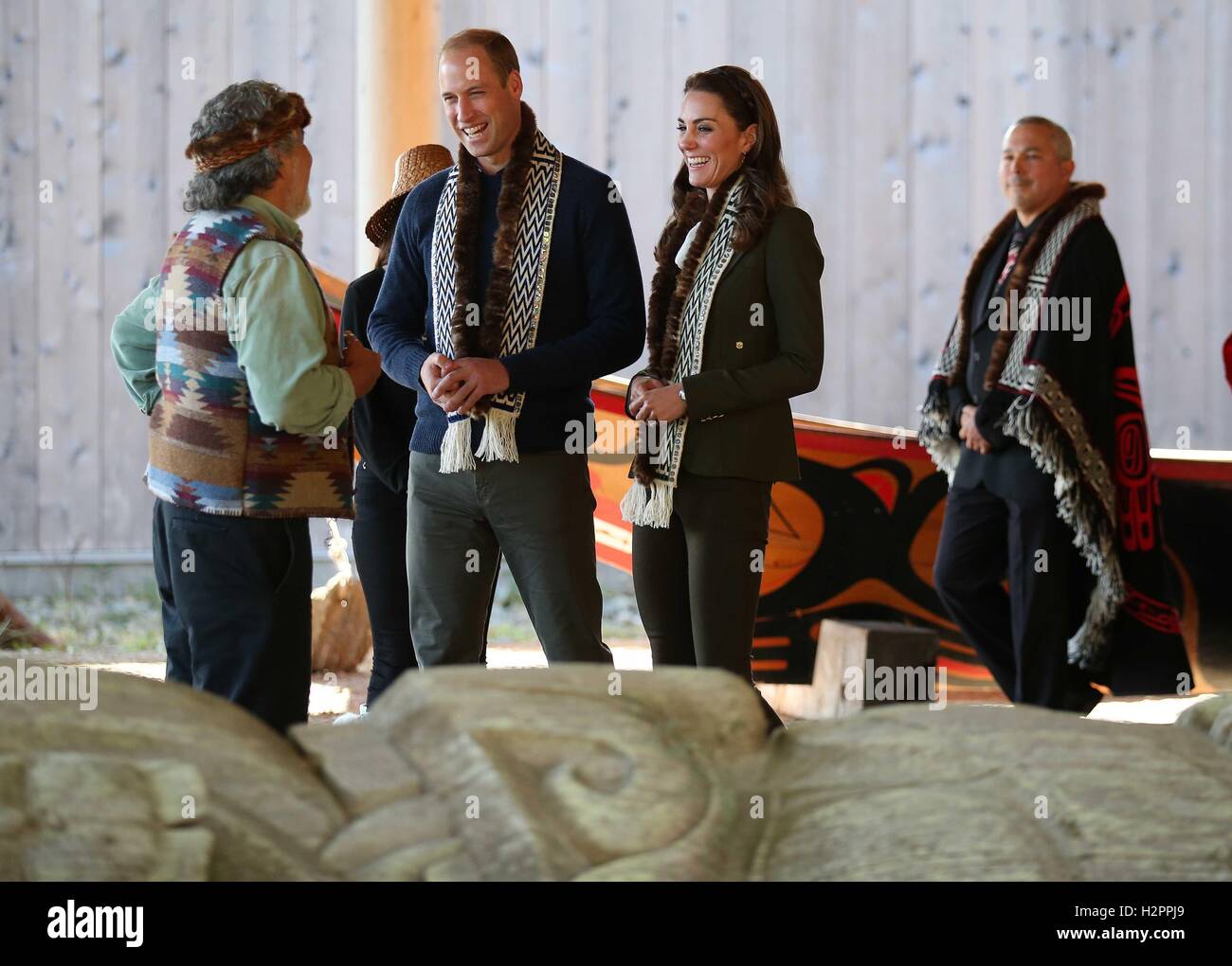 The Duke and Duchess of Cambridge inside the Carving House at the Haida Heritage Centre and Museum at Skidegate on the island of Haida Gwaii, British Columbia during the Royal Tour of Canada. Stock Photo