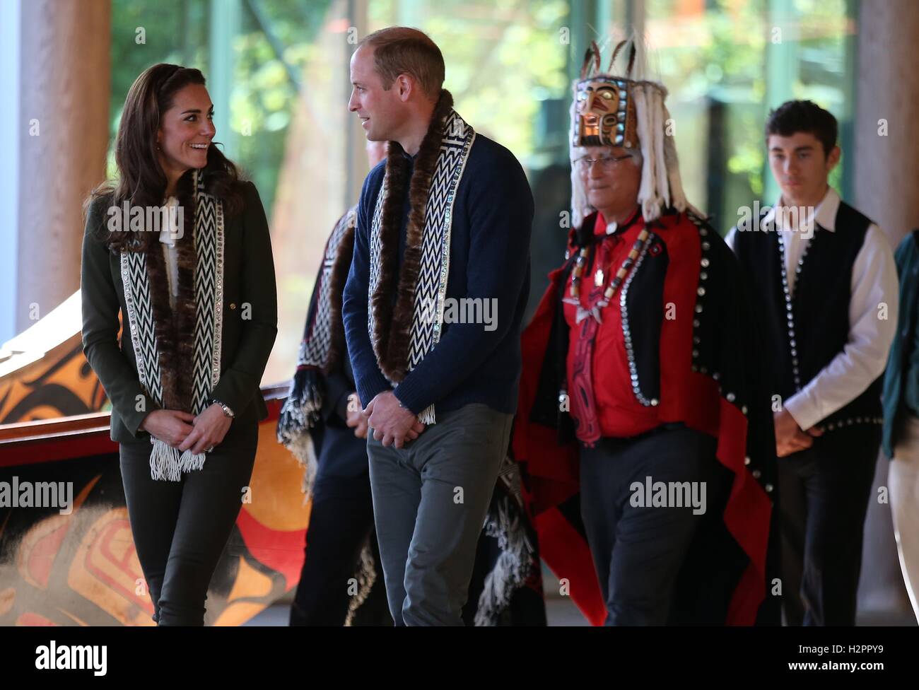 The Duke and Duchess of Cambridge inside the Carving House at the Haida Heritage Centre and Museum at Skidegate on the island of Haida Gwaii, British Columbia during the Royal Tour of Canada. Stock Photo