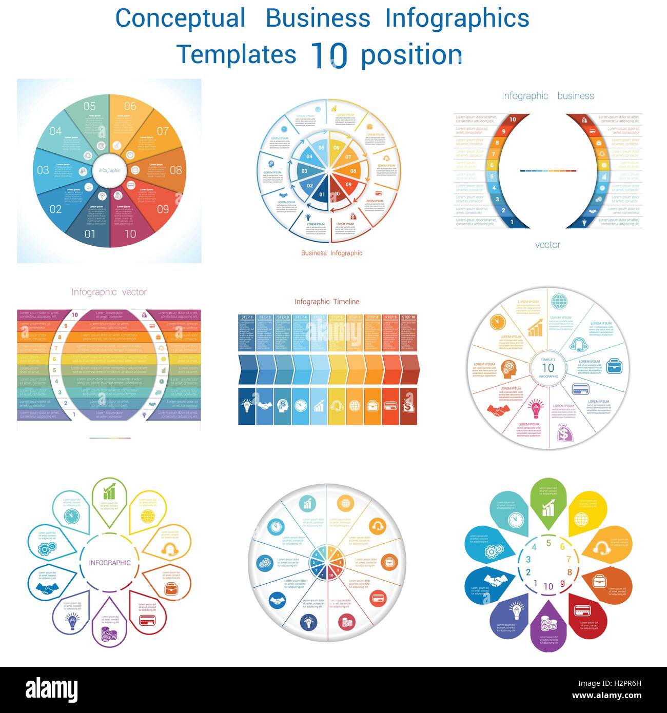 Set Vector templates Infographics business conceptual cyclic processes for ten positions text area Stock Vector