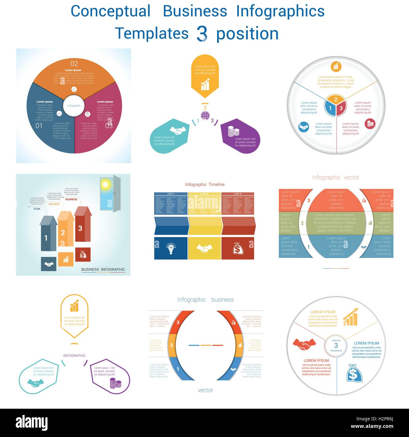 Set Vector templates Infographics business conceptual cyclic processes for three positions text area Stock Vector