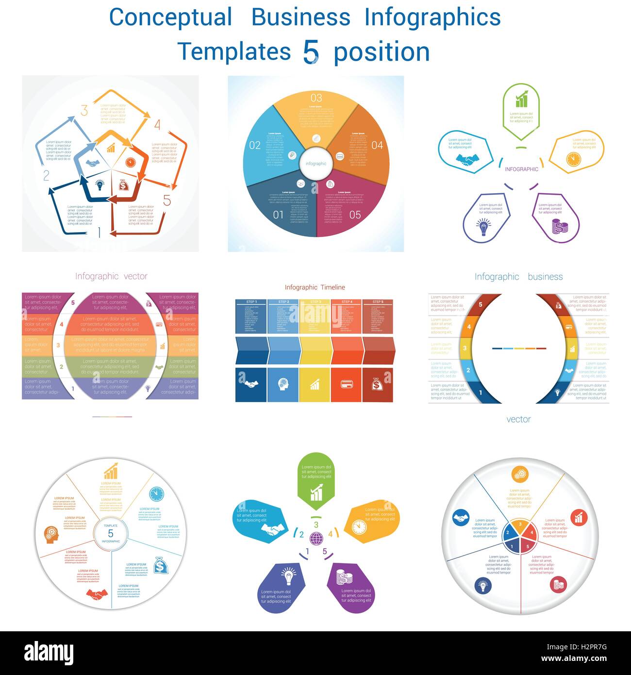 Set Vector templates Infographics business conceptual cyclic processes for five positions text area Stock Vector