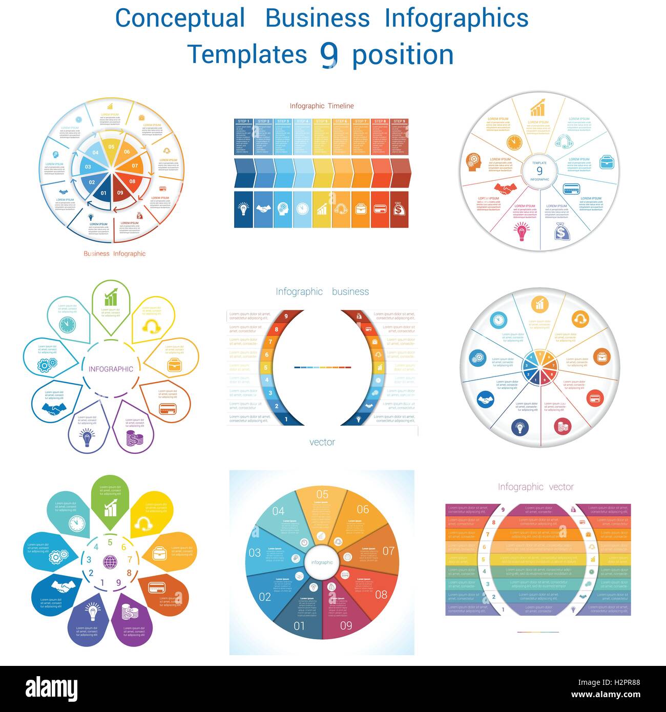 Set Vector templates Infographics business conceptual cyclic processes for nine positions text area Stock Vector