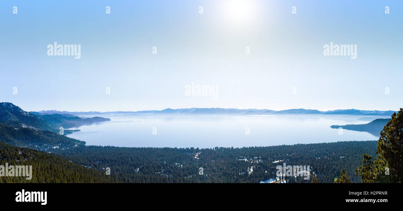 Panorama of Lake Tahoe in winter. Lake Tahoe is located on the border of California and Nevada. Stock Photo