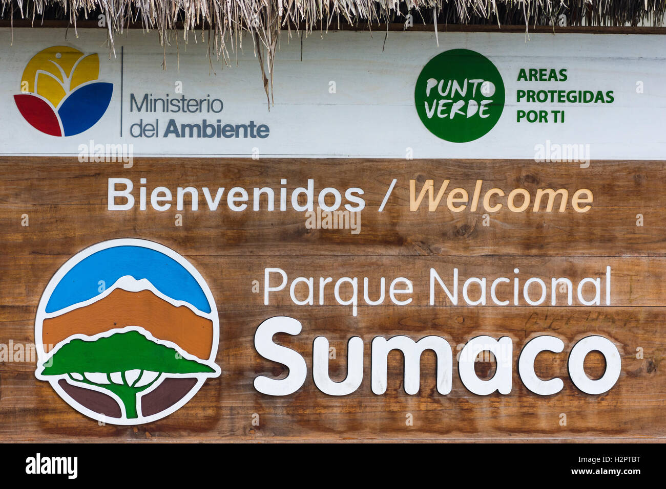 Welcome to Sumaco National Park sign in Amazon basin. Ecuador, South America. Stock Photo