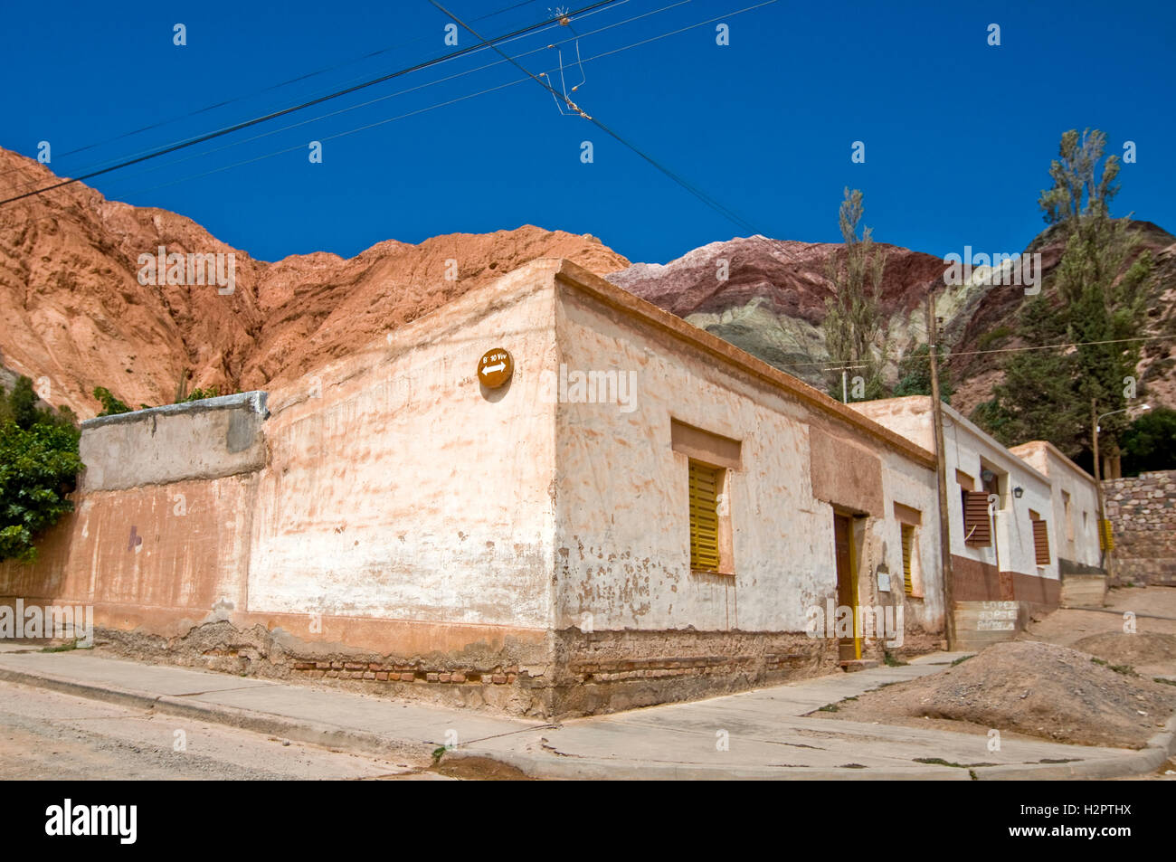Purmamarca, street view of coloured mountains and old town. Seven Colours Mountain. Jujuy, Argentina. Stock Photo