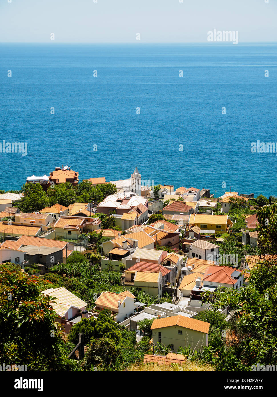 A view over the village of Jardim do Mar down to the sea Stock Photo