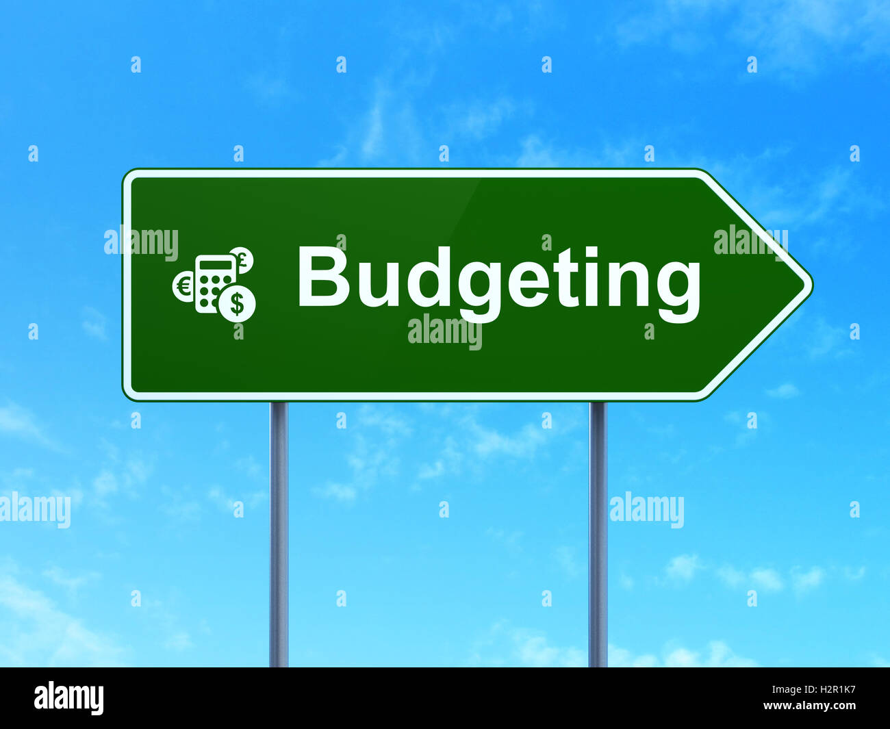 Finance concept Budgeting and Calculator on road sign background Stock