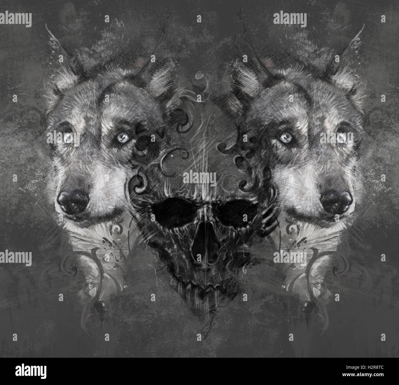 Wolf illustration with skull. Tattoo design over grey background Stock  Photo - Alamy