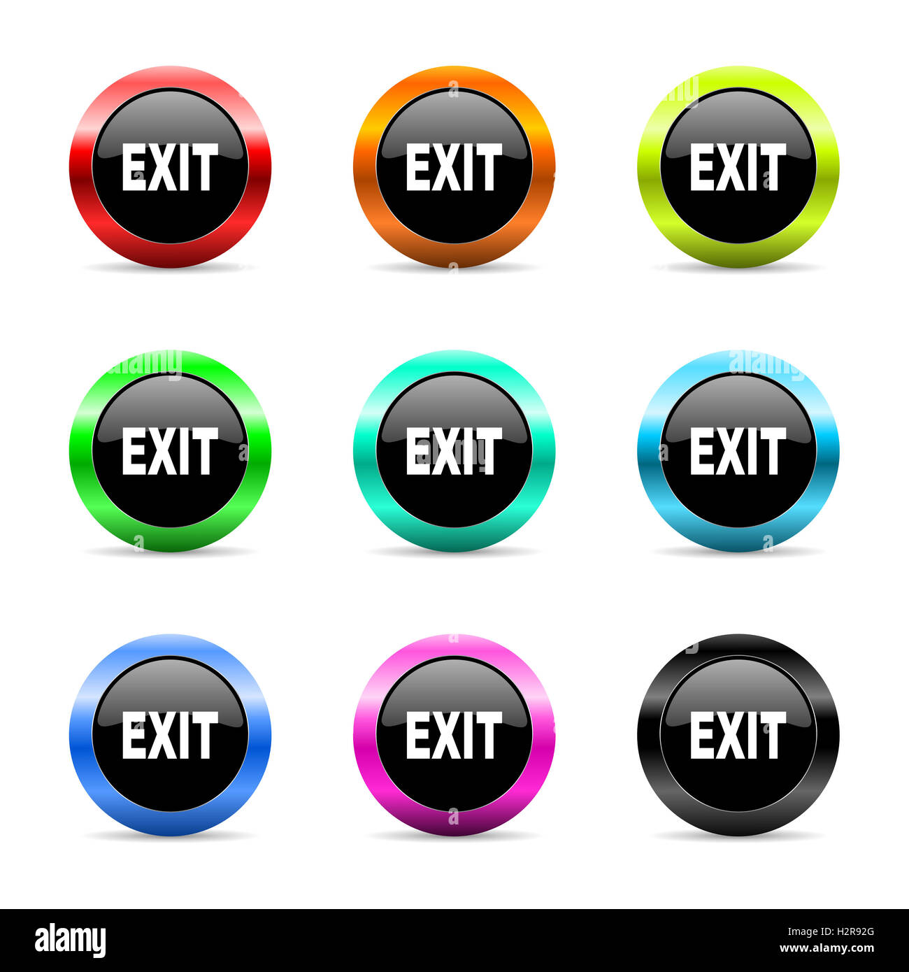 green emergency exit button to open door press here Stock Photo - Alamy