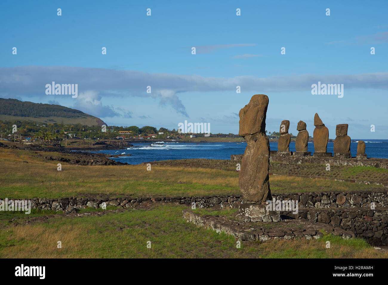 Ancient Moai statues on the coast of Rapa Nui Stock Photo