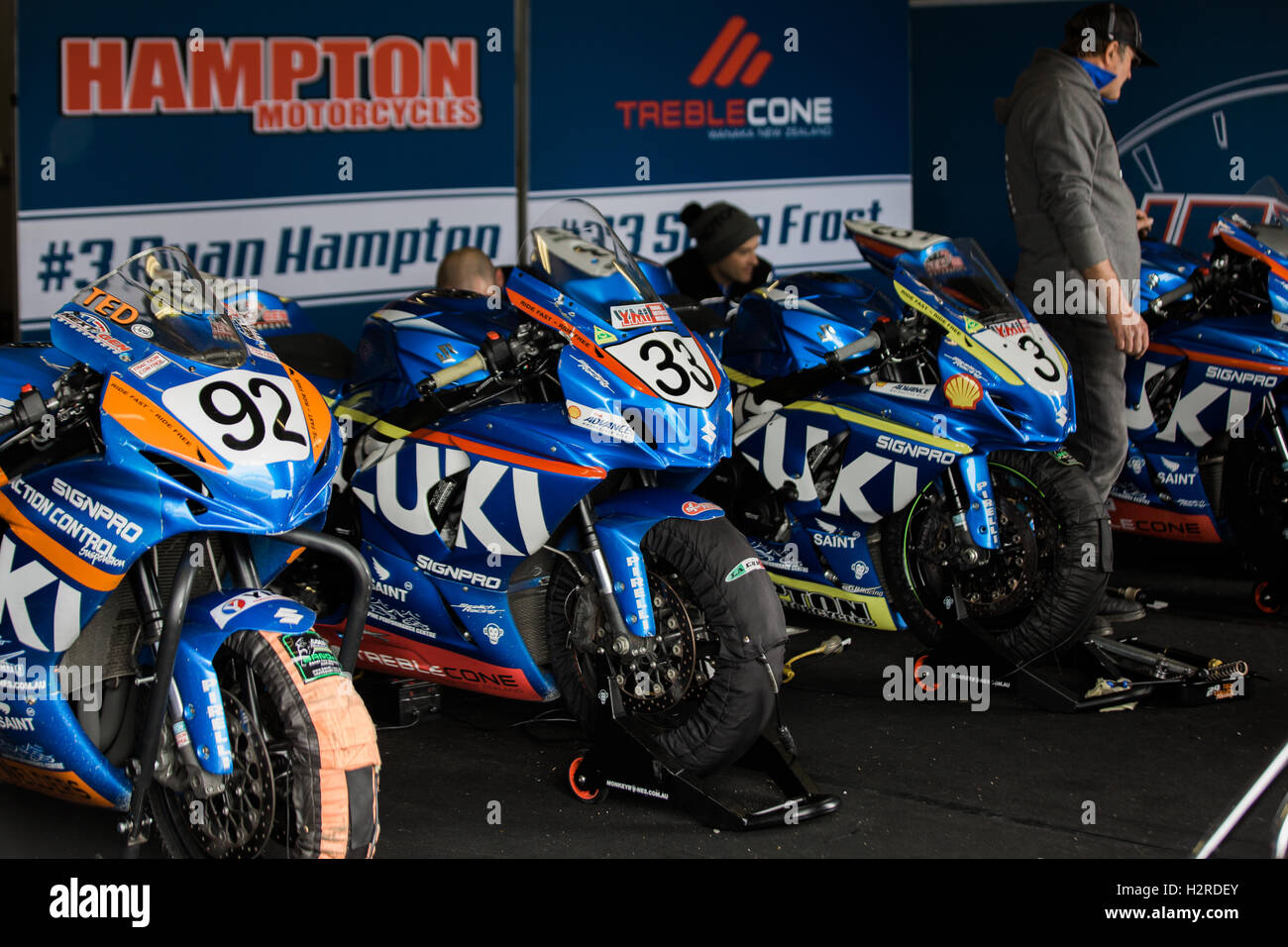 Melbourne, Australia. 1st October, 2016. Some of the Supersport bikes getting ready for qualifying at the YMF Australian Superbiike Championshihp Round 6 at Winton Raceway, October 1, 2016. Credit:  Dave Hewison Sports/Alamy Live News Stock Photo