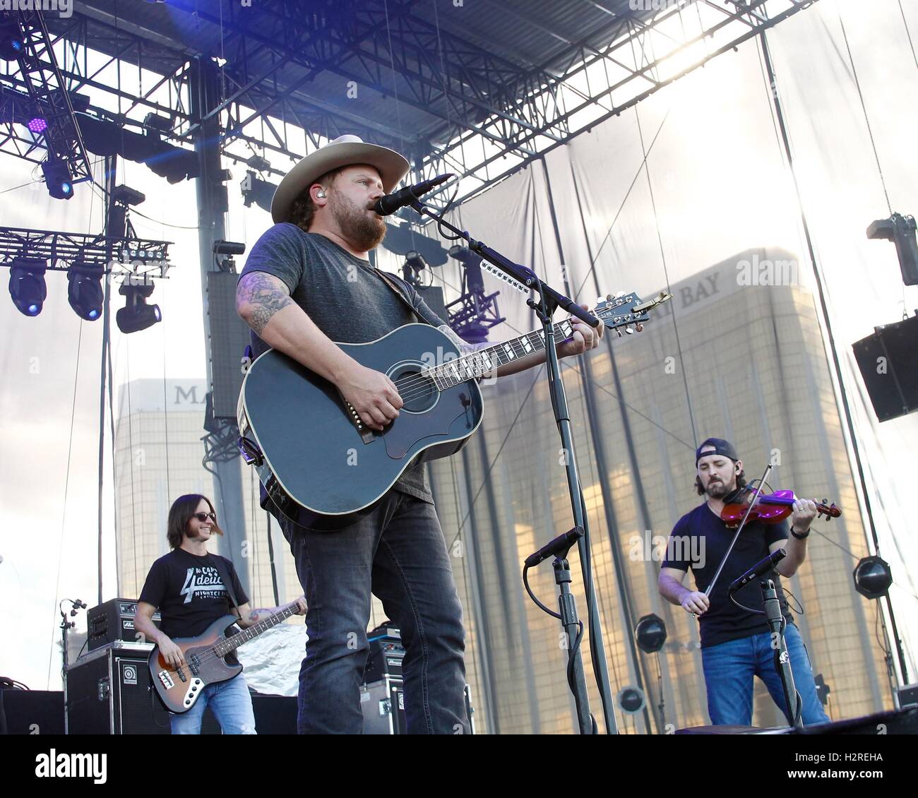 Las Vegas, NV, USA. 30th Sep, 2016. Johnny Richardson, Randy Rogers and Brady Black of the Randy Rogers Band in attendance for 2nd Annual Route 91 Harvest Country Music Festival - FRI, Las Vegas Village, Las Vegas, NV September 30, 2016. Credit:  James Atoa/Everett Collection/Alamy Live News Stock Photo