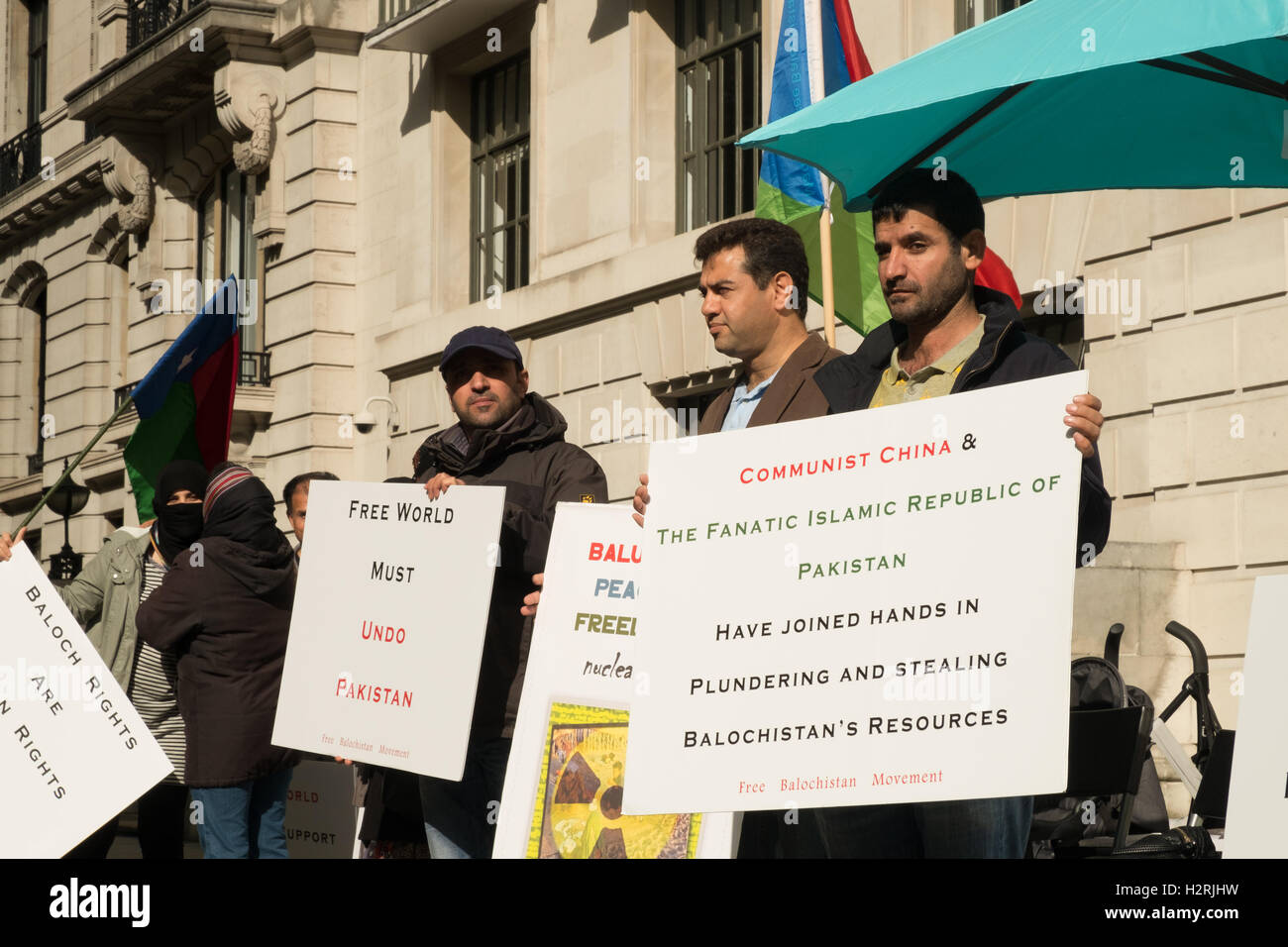 London, UK. 1st October 2016. The Free Baloch Movement stage a protest opposite the Chinese Embarry in London accusing the government of human rights abuse and stealing the regions resources.  Credit:  claire doherty/Alamy Live News Stock Photo