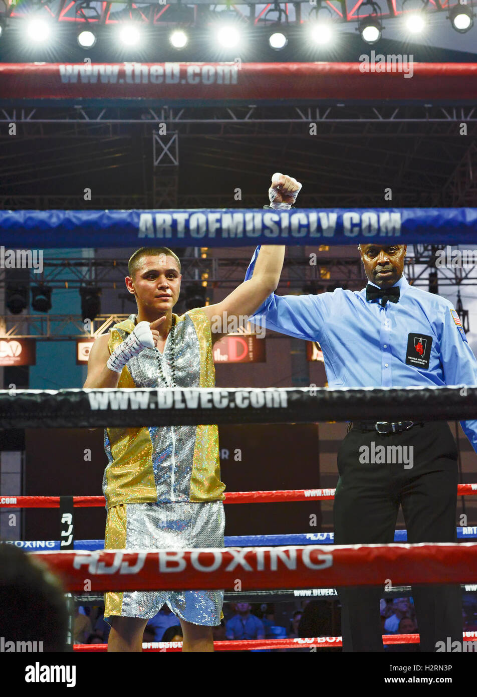 Las Vegas, Nevada September 30, 2016 -  Junior lightweight fighters Sal Lopez battles Kenneth 'Scrappy' Taylor for the win “Knockout Night at the D” series on friday night, presented by the D Las Vegas and DLVEC and promoted by Roy Jones Jr. Stock Photo
