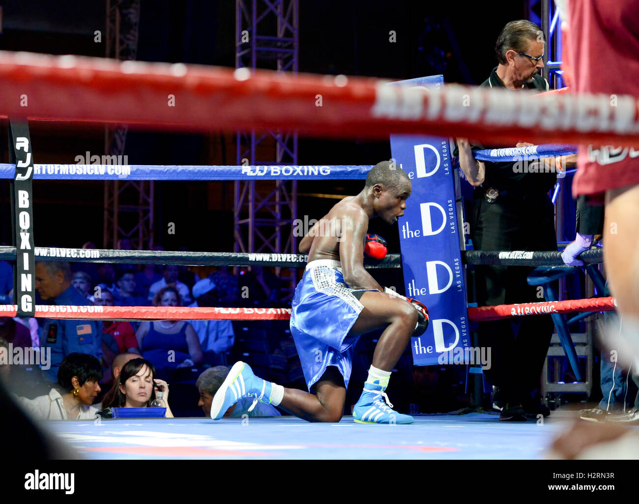 Las Vegas, Nevada September 30, 2016 -  Bantamweight fighter Mulapi Enjani injurs an ankle on a slip giving Max Ornelas a TKO win. “Knockout Night at the D” series on friday night, presented by the D Las Vegas and DLVEC and promoted by Roy Jones Jr. Stock Photo