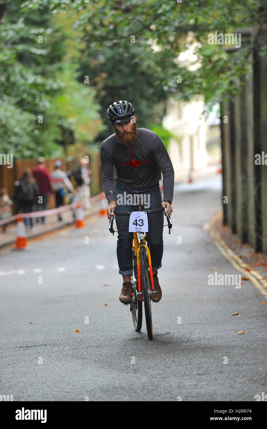 London, UK. 01st Oct, 2016. Ed Holt, one of the cyclists racing in Highgate during the Rollapaluza Urban Hill Climb competition warming up shortly before the start.  The event took place on Swain’s Lane, arguably the most famous and notoriously challenging climb in London. . Credit:  Michael Preston/Alamy Live News Stock Photo
