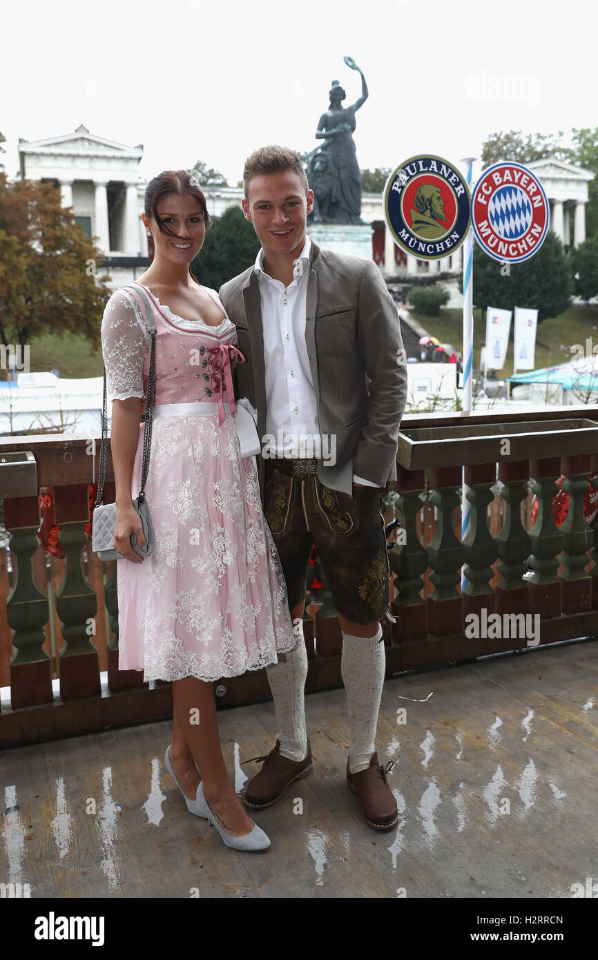 Munich, Germany. 2nd Oct, 2016. Joshua Kimmich of FC Bayern Muenchen and  Lina attending the Oktoberfest beer festival at Kaefer Wiesenschaenke tent  at Theresienwiese on October 2, 2016 in Munich, Germany. Photo: