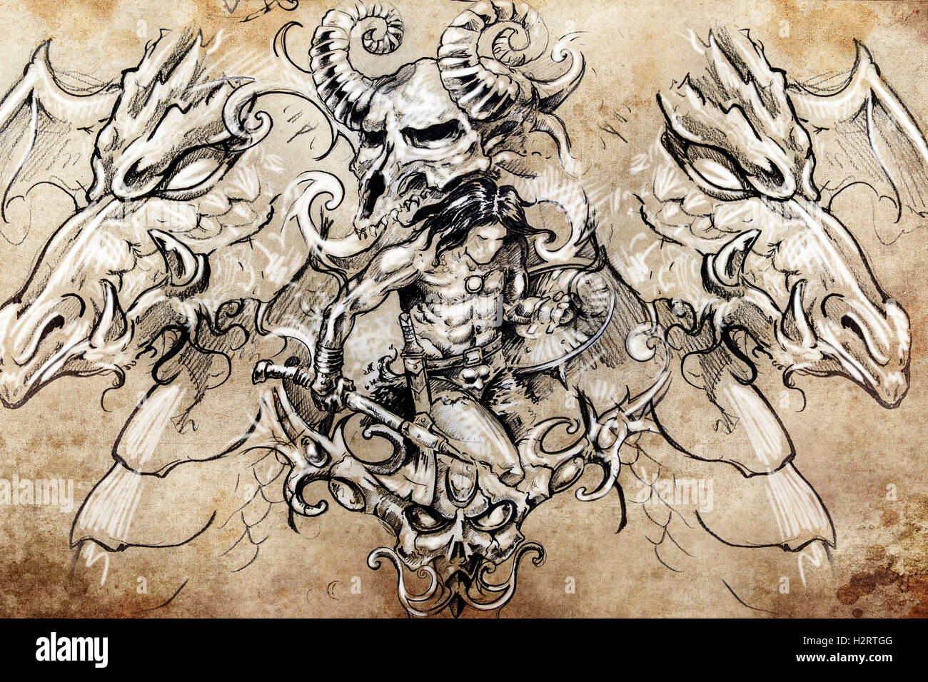warrior with dragons, Tattoo sketch, handmade design over vintag Stock Photo