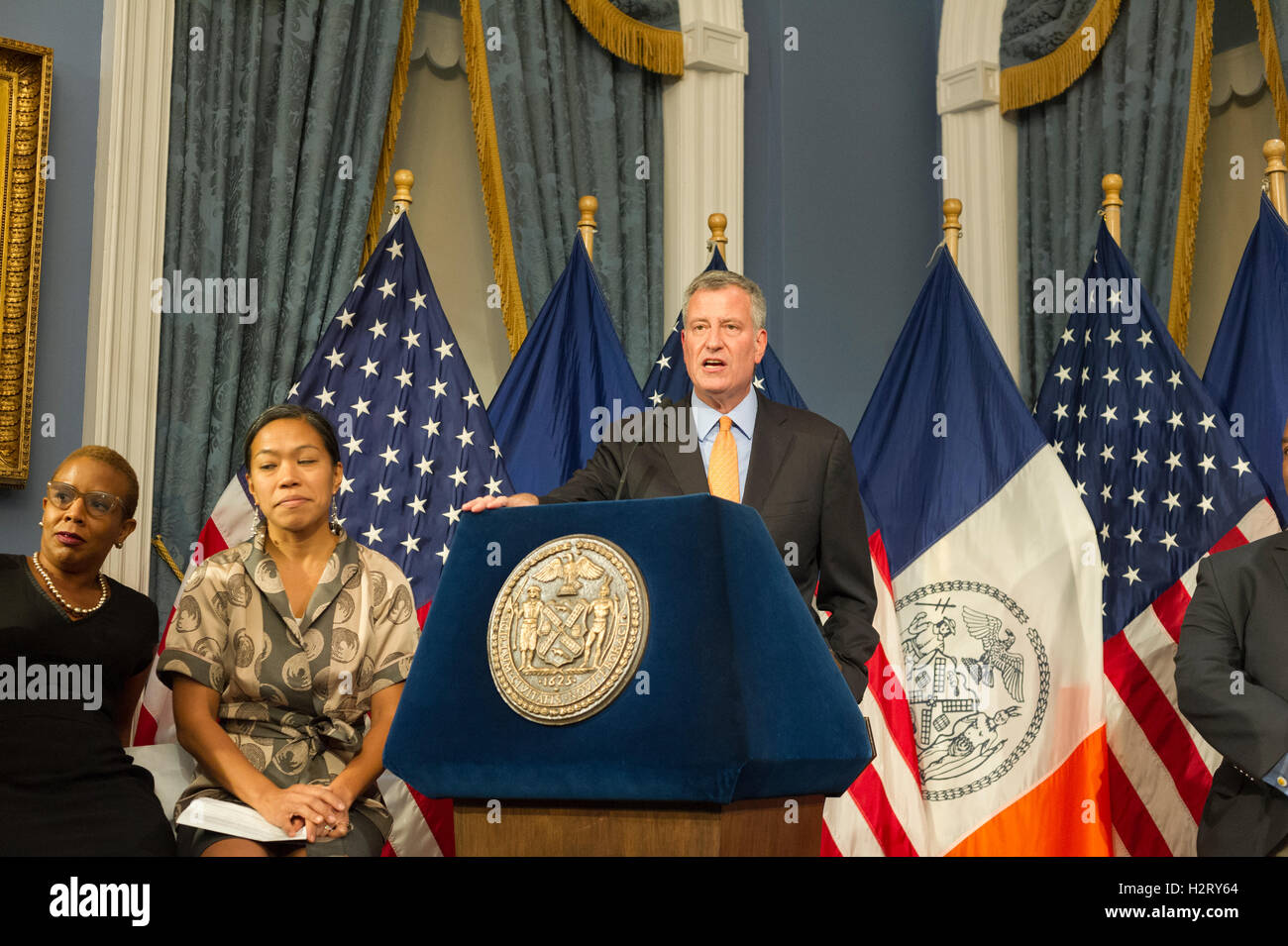 New York Mayor Bill de Blasio, at a bill signing related to increasing accountability and access for the New York's  Minority and Women owned Business Enterprise program on Wednesday, September 28, 2016 in New York. (© Frances M. Roberts) Stock Photo