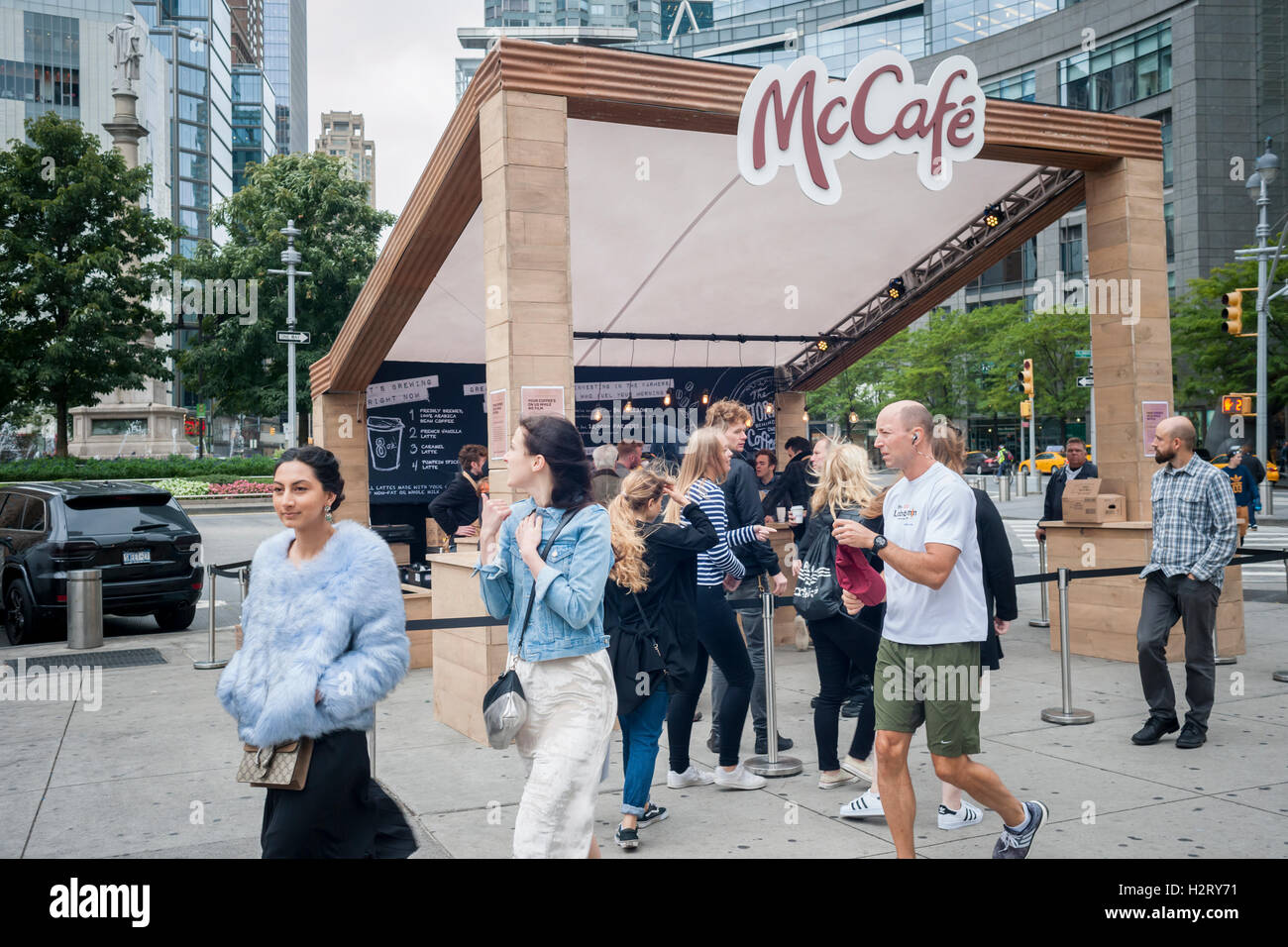 McDonald's McCafe promotion on National Coffee Day in New York on Thursday, September 29, 2016. The pop-up is related to McDonald's promoting their use of sustainable coffee beans. (© Richard B. Levine) Stock Photo